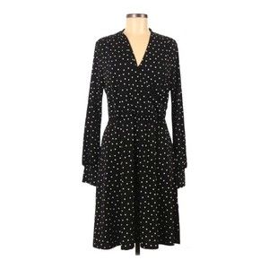 NWT Adrianna Papell Long Sleeve Black & White Polka dot V Knee Length  dress M